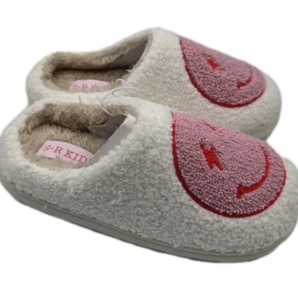 Smiley Face Plush Slippers Retro Soft Size 10 11 12 2 House Shoes Slip On Barbie